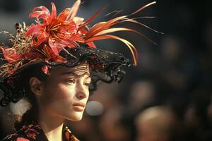 A woman wearing a red flower hat stands in front of a crowd photo