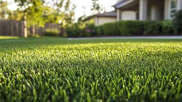 A lawn with green grass in front of a house photo
