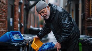An older man is picking up trash in a city alley photo
