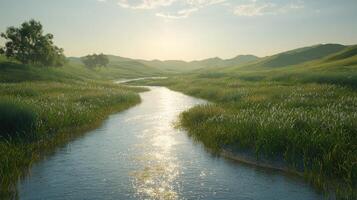 A river running through a grassy field photo