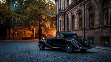An old car parked on a cobblestone street photo