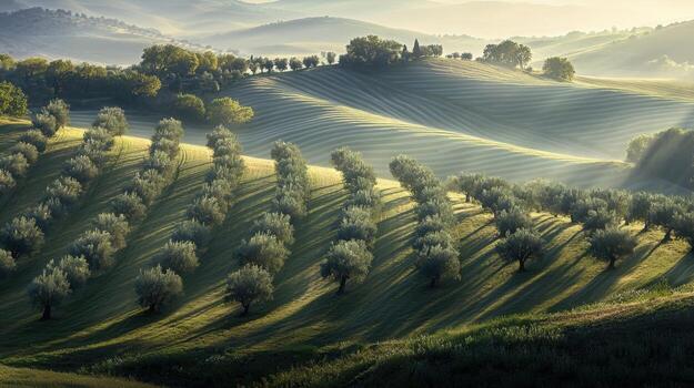 The sun shines on olive trees in the hills photo