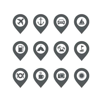 Set Grey Pin Locator Travel Icon Set Template Illustration Design. EPS 10.