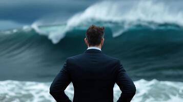 Businessman in suit looking at large wave photo