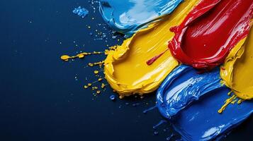 A painting of four different colors of paint splattered on a blue background photo