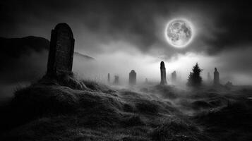 A graveyard with tombstones and a full moon photo