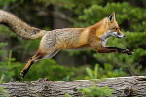 A red fox jumping over a log photo