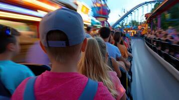 A child riding on a roller coaster at an amusement park photo