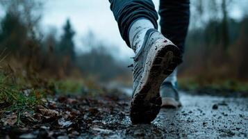 A person walking on a muddy trail photo