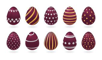 Set of realistic red eggs with different golden, silver patterns. Isolated illustration on white background. Children dessert, Easter template vector