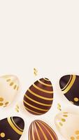 Vertical story template Easter theme with realistic chocolate eggs with golden pattern. Holiday greeting for social media post with copy space. illustration brown, beige colors vector