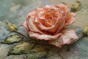 A rose is sitting on a piece of paper photo