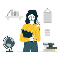 A flat character, a student girl with a magazine in her hands, who found the answer. Globe, books, notes vector