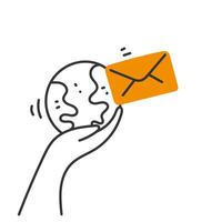 hand holding mail envelope with globe icon vector