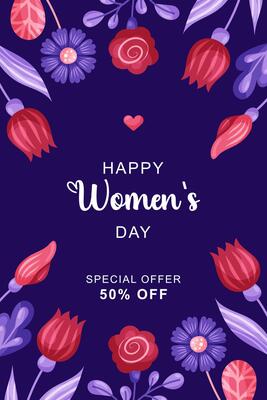 Cute pink floral poster for March 8 Women's Day holiday. Design with flowers frame, hearts and text on dark background. illustration.