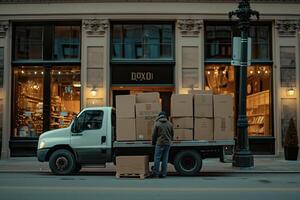 A man is loading boxes onto a truck photo