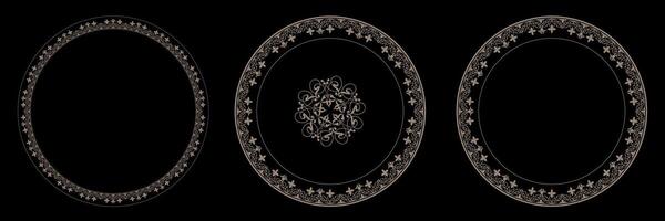 Set of decorative openwork gold round frames for design with abstract floral pattern. Circle frame. For printing cards, textiles, engraving, forging, ceramic, plate, medallion, porcelain, embroidery vector