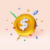 3D gold coin with dollar sign icon in confetti isolated. American dollar coin render. vector