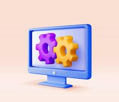 3D computer with gears on screen isolated. Render desktop pc with cogwheel icon. Settings, options and tools. Programming, coding, development, service and repair concept. vector