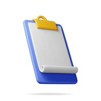3d clipboard with empty paper sheet isolated on white background. Clipboard render with white paper. Folder for documents with golden clip. vector