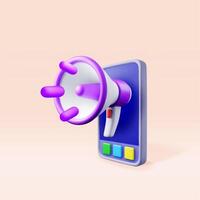 3D megaphone in smartphone isolated. Render plastic megaphone realistic and phone. Modern bullhorn or loudspeaker. Social media, announcement message, marketing, job, attention vector