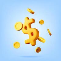 3d falling gold coins and dollar sign, money rain. Render golden coins. Rotating empty golden money sign vector