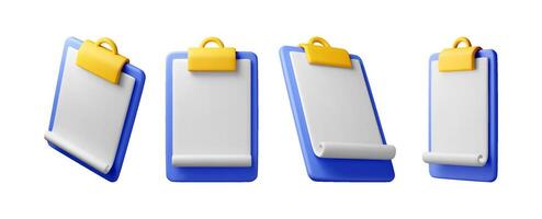 3d set of clipboard with empty paper sheet isolated on white. Clipboard render with white paper. Folder for documents with golden clip. Office stationery or paperwork concept. vector