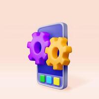 3D smartphone with gears on screen isolated. Render mobile phone with cogwheel icon. Settings, options and tools. Programming, coding, development, service and repair concept vector