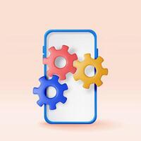 3D smartphone with gears on screen isolated. Render mobile phone with cogwheel icon. Settings, options and tools. Programming, coding, development, vector