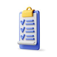 3D paper clipboard holder with checklist symbol. Clipboard with paper sheet and check mark icon. 3D work project plan, productivity checklist. Task management to do list. vector