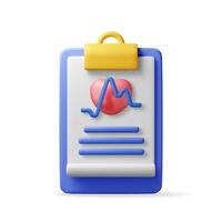 3d clipboard with medical check up sheet. Render first aid report with check list for health. Health checkup and insurance concept. First aid, pharmacy, drug store and health care vector