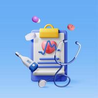 3d clipboard with medical check, stethoscope and pills. Render first aid report with check list for health. Health checkup concept. First aid, pharmacy, drug store vector