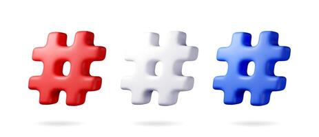 3d realistic hashtag symbol isolated on white. Render hash tag icon for social media. Chat message, communication, ad, search and online community vector