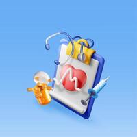 3d clipboard with medical check, stethoscope and pills. Render first aid report with check list for health. Health checkup concept. First aid, pharmacy, vector