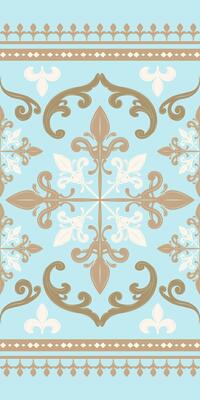 Classy Timeless Graceful Gold Shade and Beige Scroll Ornate Pattern On Pastel Blue Background. Elaborate Exquisitely Seamless Pattern. Luxury Border for high-end decor interior design textile