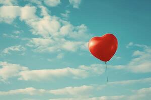 A red heart shaped balloon is floating in the sky photo