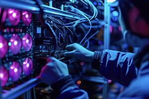A person working on a computer in a server room photo