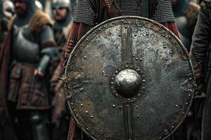 A group of men in armor standing in front of a shield photo