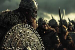 The vikings are standing in a group of men photo