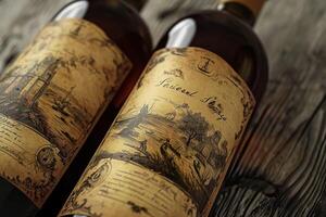Two bottles of wine with an old style label photo