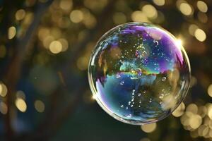 A soap bubble floating in the air with a tree in the background photo