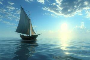 A sailboat floating in the ocean with a sun in the sky photo