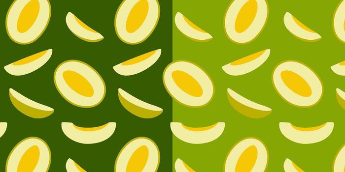 Seamless pattern with half and sliced melons on pastel backgrounds. Vibrant fruit design in a modern, minimal style. Ideal for textiles, packaging, wallpapers, and summer themed projects vector