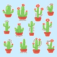 Sticker set of cartoon cacti in terracotta pots with red flowers and funny phrases. Cute and playful botanical illustrations on a blue background. vector