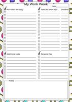 A colorful weekly task planner with sections for main tasks, additional tasks, personal files, and deadlines. vector