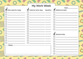 Printable weekly work planner with task checklists, deadlines, and notes section on a colorful geometric background. vector