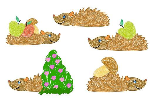 Cute sketch-style hedgehogs with apples, bushes, and playful expressions on a white background. A set of hedgehogs. vector