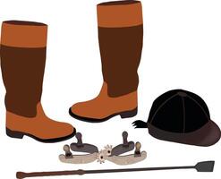Horse riding equipment displaying boots, spurs, helmet and crop vector