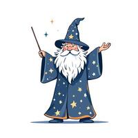 Smiling wizard holding magic wand and performing trick vector