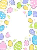 Easter eggs composition hand drawn black on white background. Decorative horizontal stripe from eggs with doodle leaves. vector